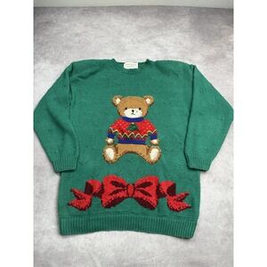 Vintage Marisa Christina Sweater Womens Large Green‎ Christmas Bear 1994 90s